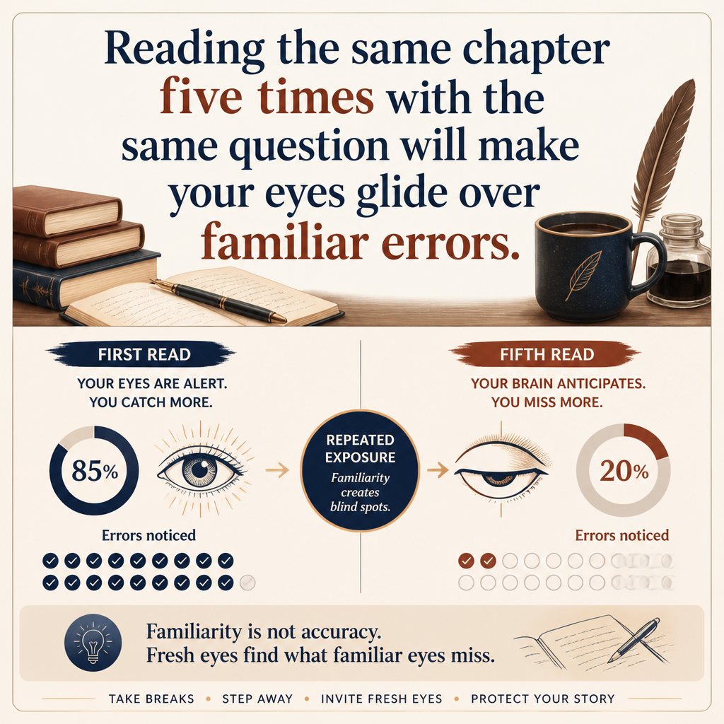 Reading the same chapter five times with the same question will make your eyes glide over familiar errors.