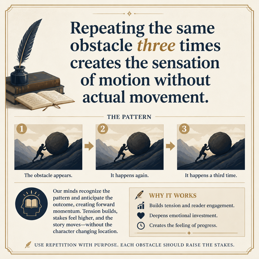 Repeating the same obstacle three times creates the sensation of motion without actual movement.