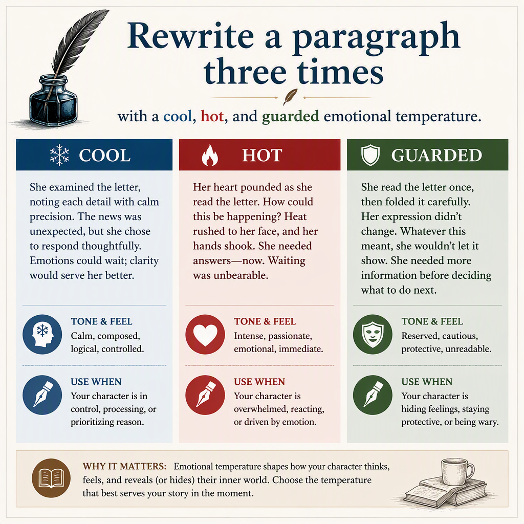 Rewrite a paragraph three times with a cool, hot, and guarded emotional temperature.