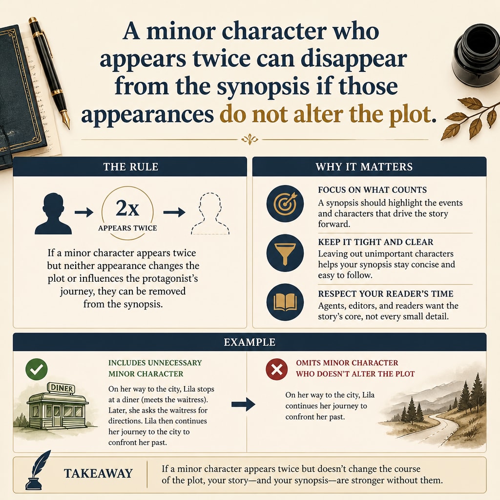 A minor character who appears twice can disappear from the synopsis if those appearances do not alter the plot.