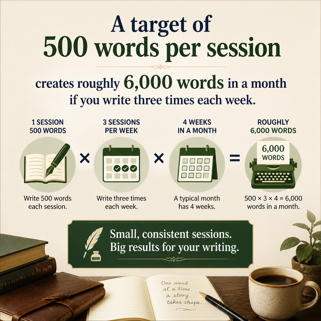 A target of 500 words per session creates roughly 6,000 words in a month if you write three times each week.