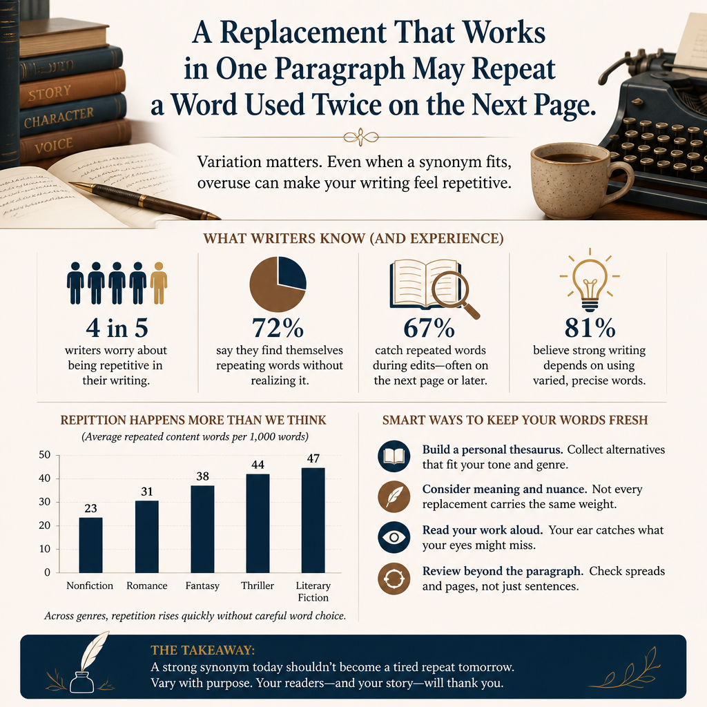 A replacement that works in one paragraph may repeat a word used twice on the next page.